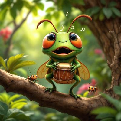 The primary subject of the image is a cartoon-like green insect, possibly a grasshopper or a beetle, sitting on a tree branch. The insect is holding a drum, adding a playful and whimsical touch to the scene. The setting is a lush green forest, with trees and flowers surrounding the insect. The visual style is a combination of digital art and illustration, creating a vibrant and colorful scene. The colors and mood of the image are predominantly green and cheerful, reflect